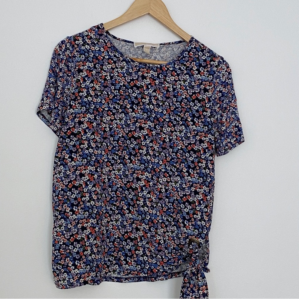 Michael Kors Blue Floral Mixed Media Short Sleeve Blouse Top - Small
